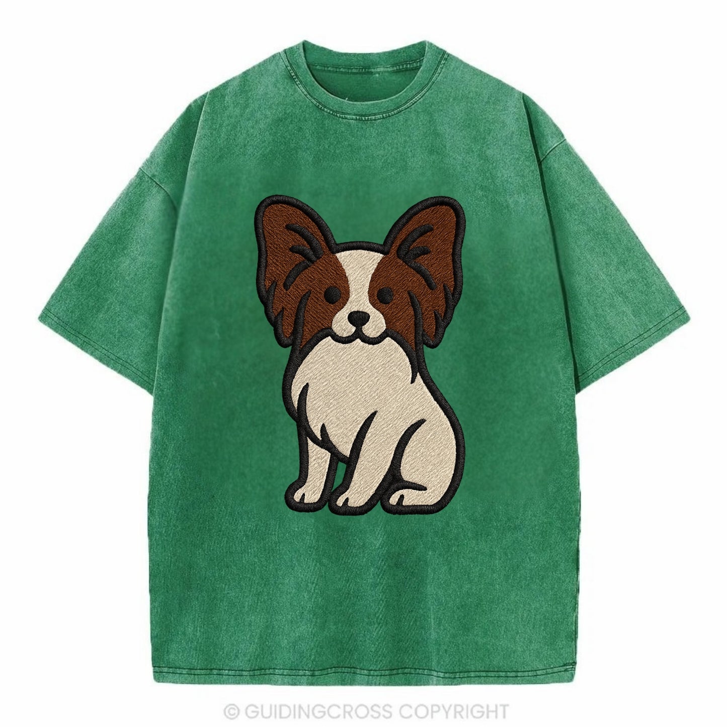 Papillon - White with brown ears sitting Vintage T-shirt - Forest Mist(Green)