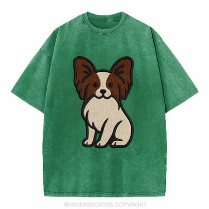 Papillon - White with brown ears sitting Vintage T-shirt - Forest Mist(Green)