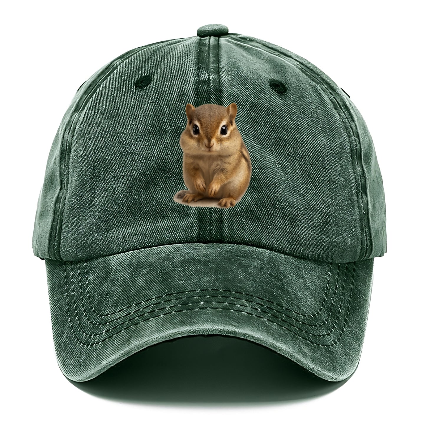 Baby Chipmunk - striped back, cheek pouches, tiny paws, bright eyes, front-facing, - Classic Cap - Forest Mist(Green)