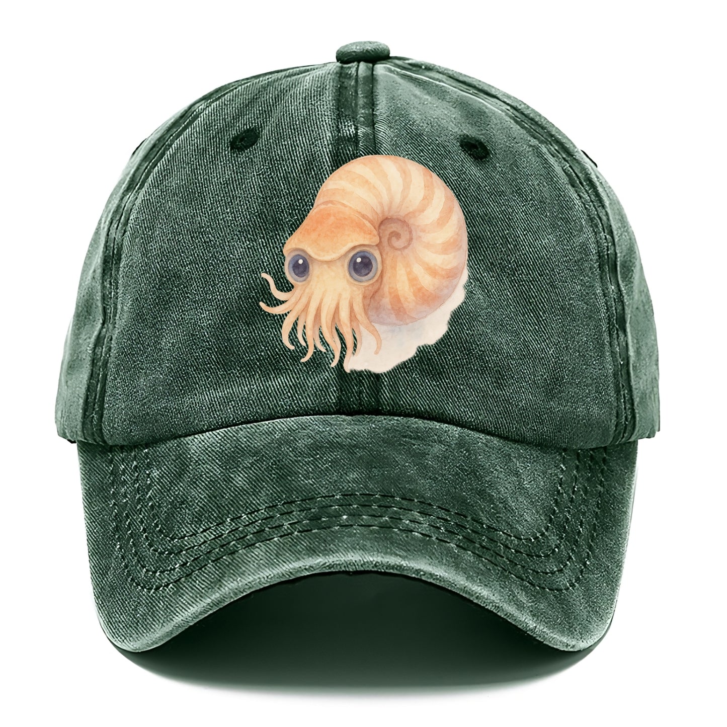 Baby Nautilus - spiral shell, tentacles peeking, ancient eyes, front-facing, living - Classic Cap - Forest Mist(Green)
