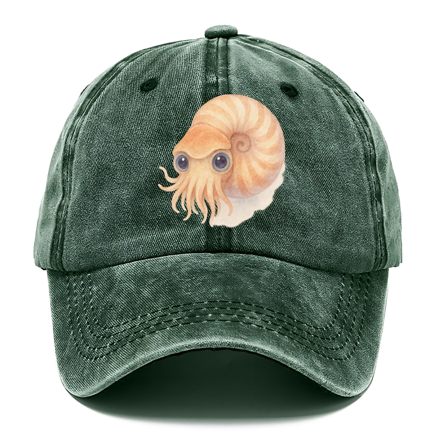Baby Nautilus - spiral shell, tentacles peeking, ancient eyes, front-facing, living - Classic Cap - Forest Mist(Green)