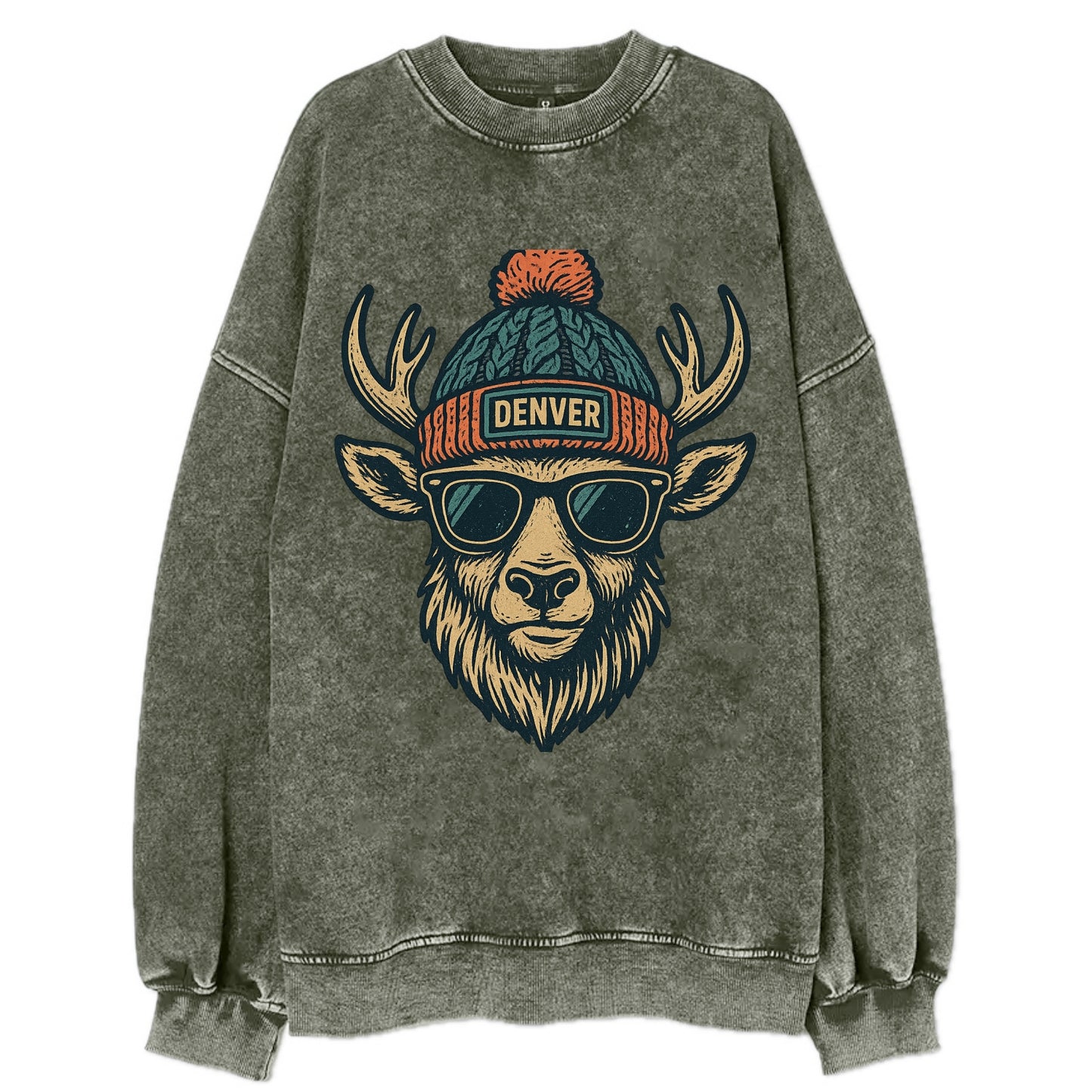 Denver Elk wearing Denver beanie with pom pom and wayfarer sunglasses - Vintage Sweatshirt - Forest Mist(Green)