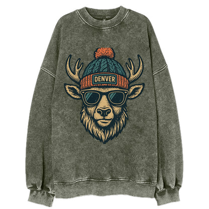 Denver Elk wearing Denver beanie with pom pom and wayfarer sunglasses - Vintage Sweatshirt - Forest Mist(Green)