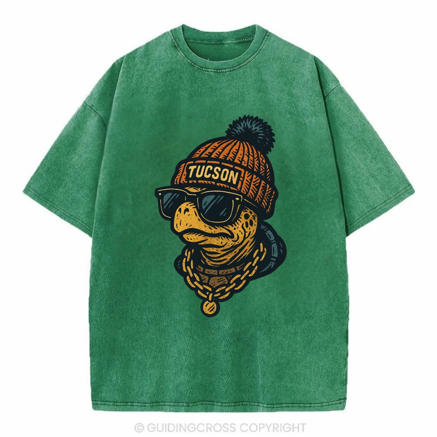 Tucson Desert Tortoise wearing Tucson beanie with pom pom and wayfarer sunglasses - Vintage T-shirt - Forest Mist(Green)