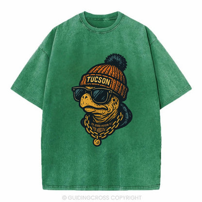 Tucson Desert Tortoise wearing Tucson beanie with pom pom and wayfarer sunglasses - Vintage T-shirt - Forest Mist(Green)