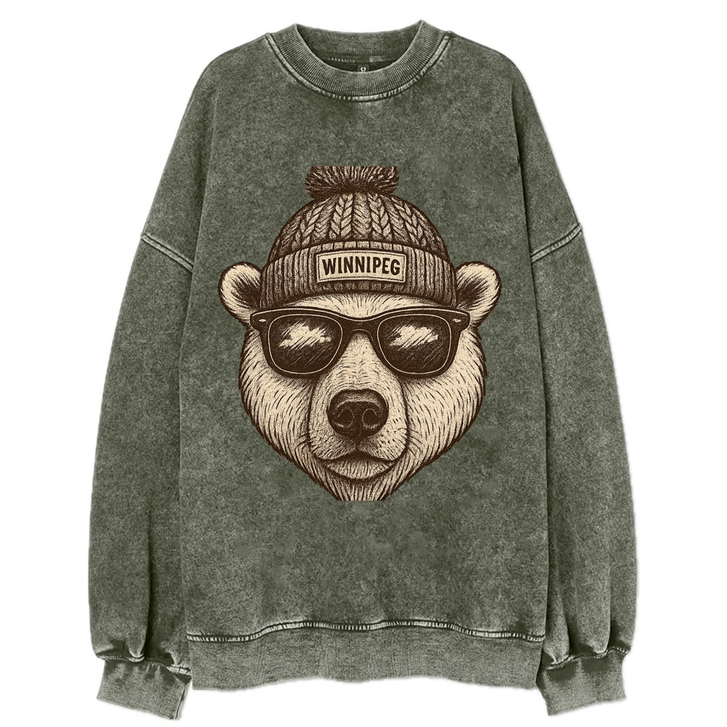 Winnipeg Polar Bear wearing Winnipeg beanie with pom pom and wayfarer - Vintage Sweatshirt - Forest Mist(Green)