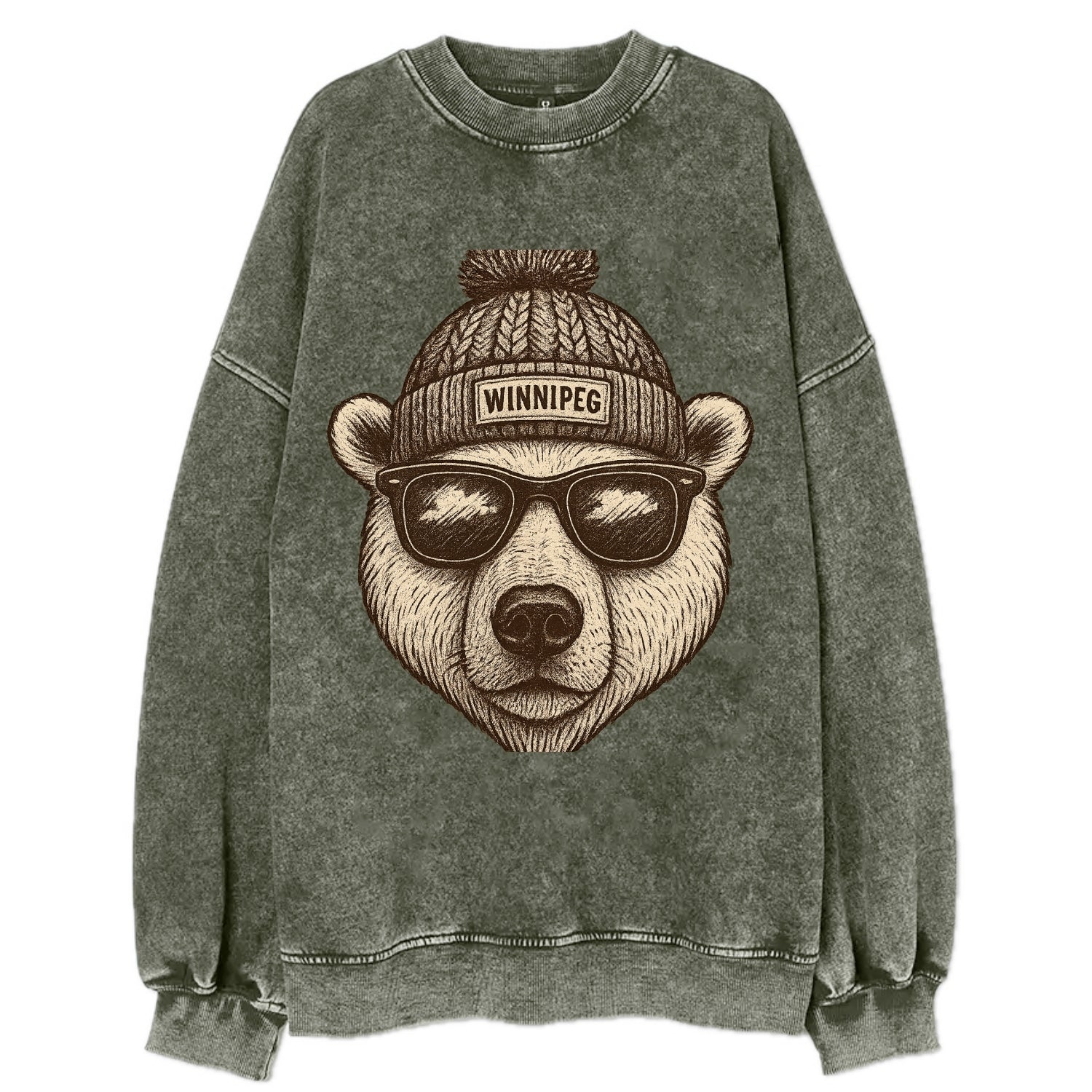 Winnipeg Polar Bear wearing Winnipeg beanie with pom pom and wayfarer - Vintage Sweatshirt - Forest Mist(Green)