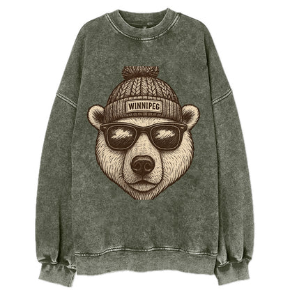 Winnipeg Polar Bear wearing Winnipeg beanie with pom pom and wayfarer - Vintage Sweatshirt - Forest Mist(Green)