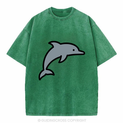 Bottlenose Dolphin - Gray jumping pose flat side profile - Vintage T-shirt - Forest Mist(Green)