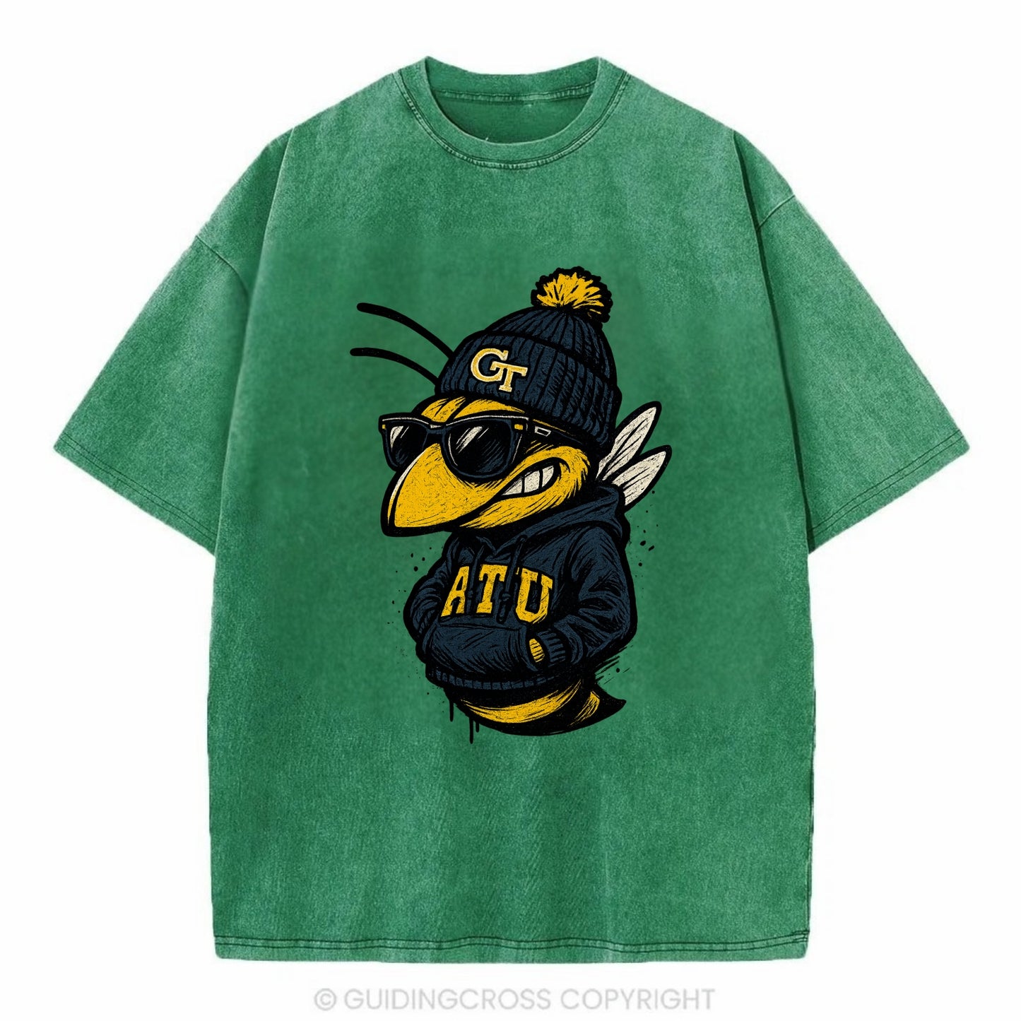 Atlanta Yellow Jacket wearing Georgia Tech beanie with GT patch - Vintage T-shirt - Forest Mist(Green)