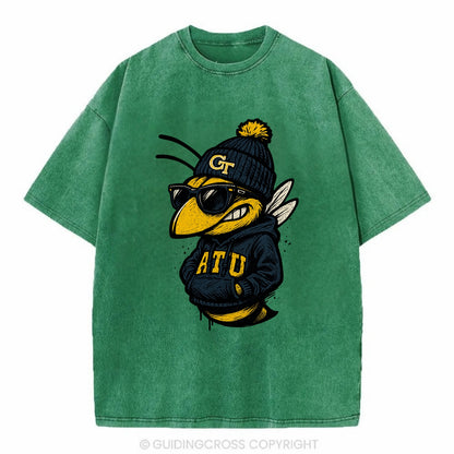 Atlanta Yellow Jacket wearing Georgia Tech beanie with GT patch - Vintage T-shirt - Forest Mist(Green)