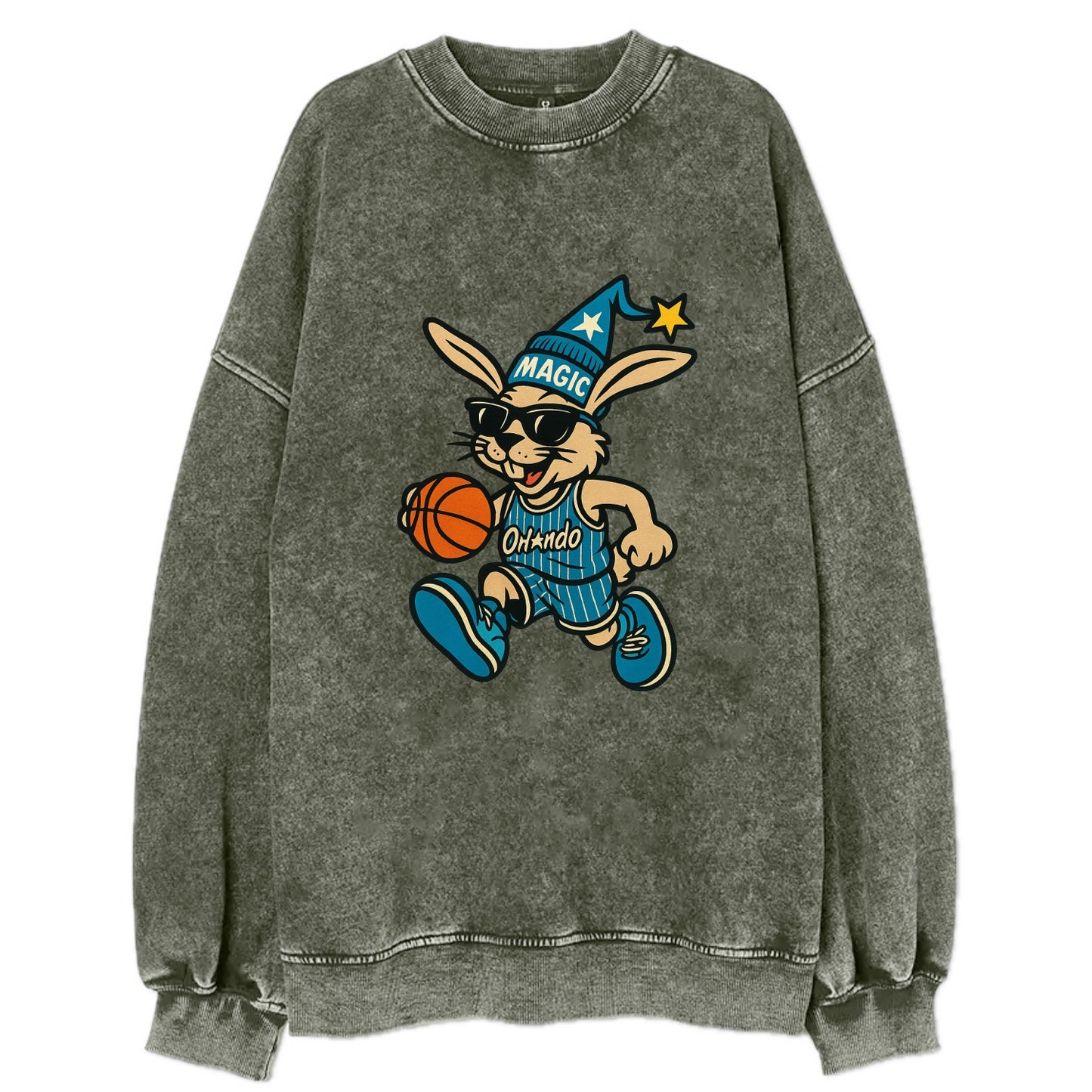 Orlando Rabbit wearing Magic blue and silver beanie with wizard hat and - Vintage Sweatshirt - Forest Mist(Green)