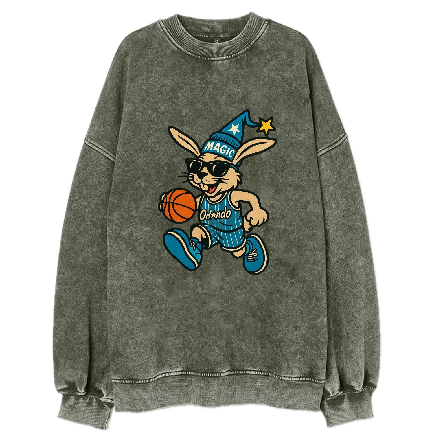 Orlando Rabbit wearing Magic blue and silver beanie with wizard hat and - Vintage Sweatshirt - Forest Mist(Green)