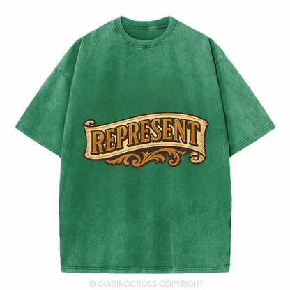 Bold typography design - "REPRESENT" - showing where you from - Vintage T-shirt - Forest Mist(Green)