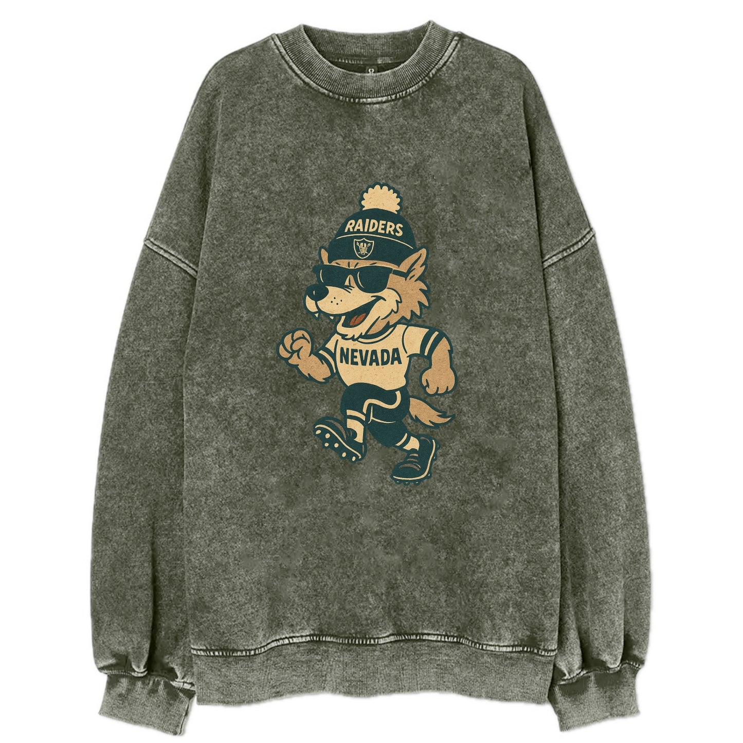 Nevada Wolf wearing Raiders beanie with outlaw patch and wayfarer sunglasses - Vintage Sweatshirt - Forest Mist(Green)