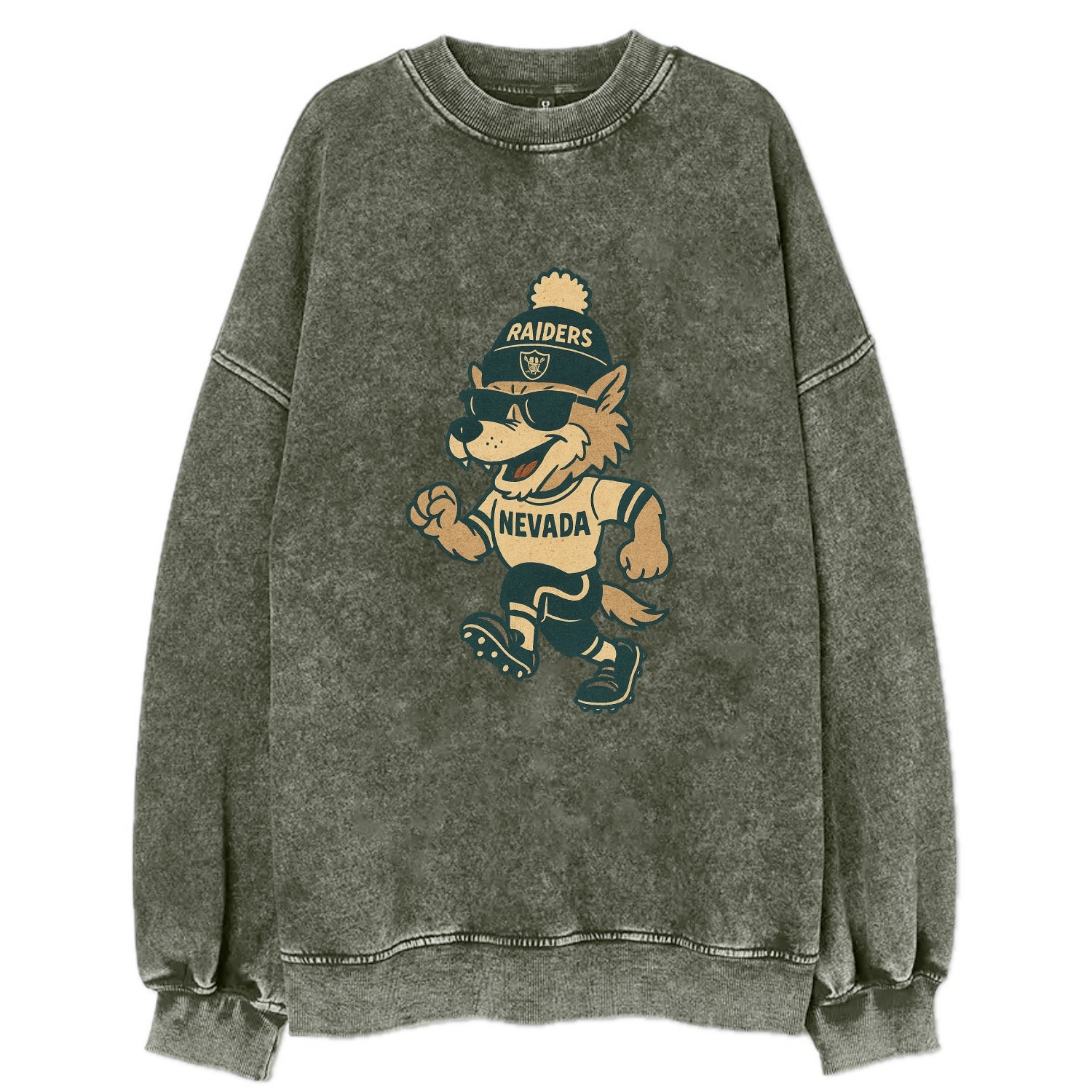 Nevada Wolf wearing Raiders beanie with outlaw patch and wayfarer sunglasses - Vintage Sweatshirt - Forest Mist(Green)