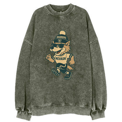 Nevada Wolf wearing Raiders beanie with outlaw patch and wayfarer sunglasses - Vintage Sweatshirt - Forest Mist(Green)