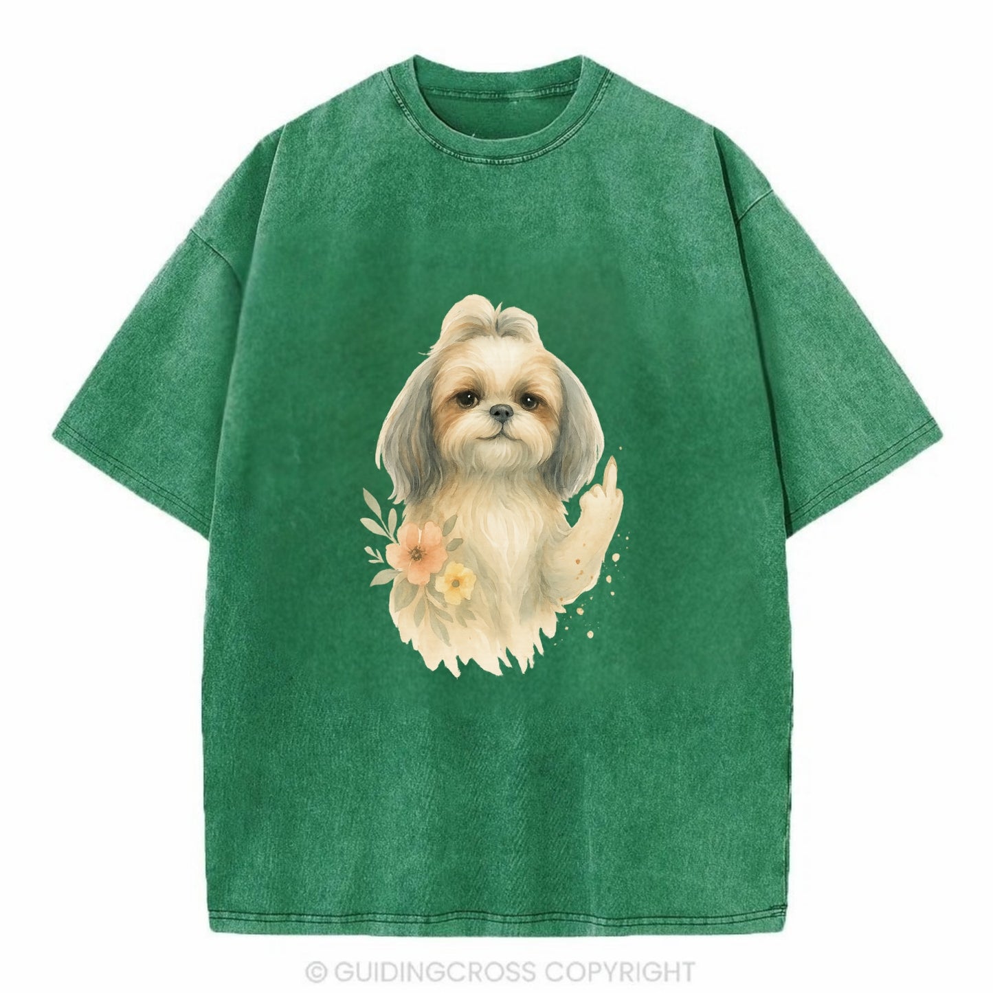 Shih Tzu with long flowing silky hair, tiny paw showing attitude - Vintage T-shirt - Forest Mist(Green)