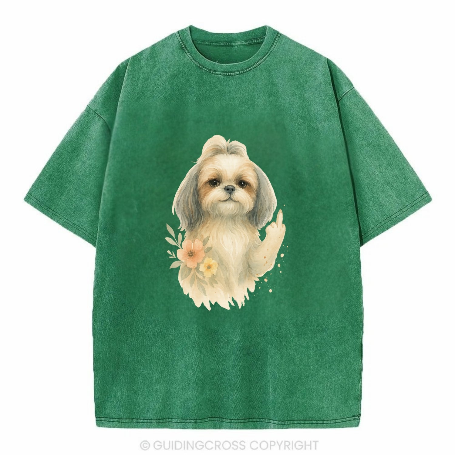 Shih Tzu with long flowing silky hair, tiny paw showing attitude - Vintage T-shirt - Forest Mist(Green)