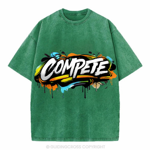 Bold typography design - COMPETE - competitive spirit, love the game - Vintage T-shirt