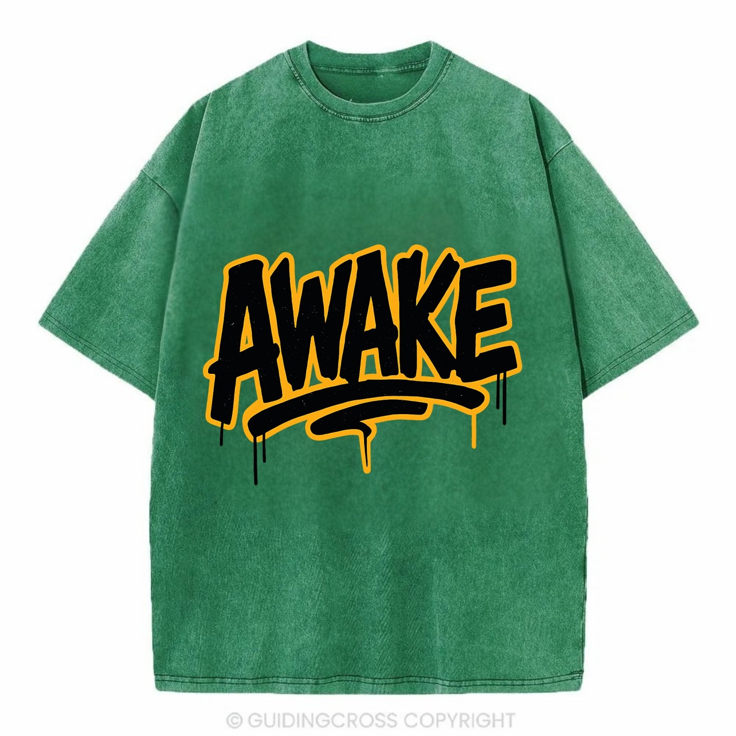 Bold typography design - "AWAKE" - conscious, aware, alert - Vintage T-shirt - Forest Mist(Green)