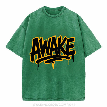 Bold typography design - "AWAKE" - conscious, aware, alert - Vintage T-shirt - Forest Mist(Green)