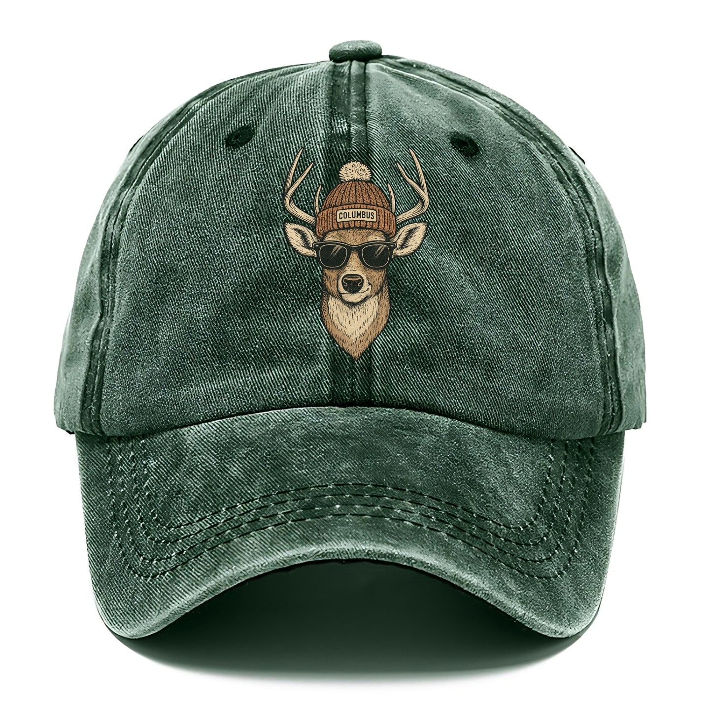 Ohio White-tailed Deer wearing Columbus beanie with pom pom and wayfarer sunglasses - Classic Cap - Forest Mist(Green)