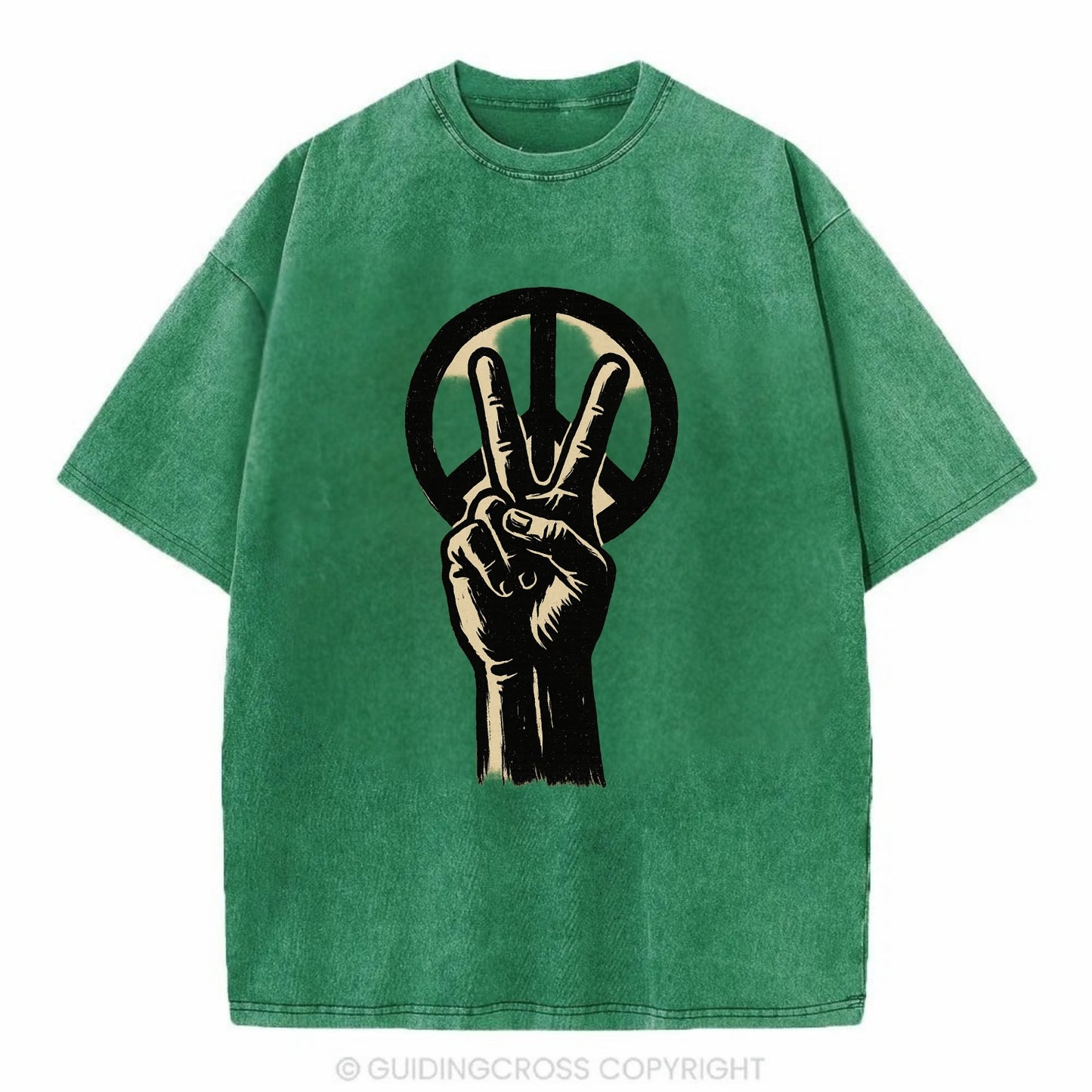 Peace sign hand gesture - anti-war movement ink brushstrokes - Vintage T-shirt - Forest Mist(Green)