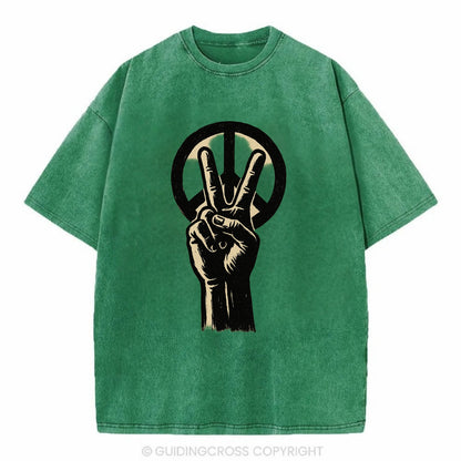 Peace sign hand gesture - anti-war movement ink brushstrokes - Vintage T-shirt - Forest Mist(Green)