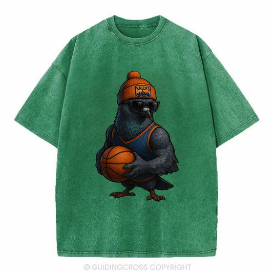 Manhattan Pigeon wearing Knicks beanie with skyline patch and wayfarer sunglasses - Vintage T-shirt - Forest Mist(Green)