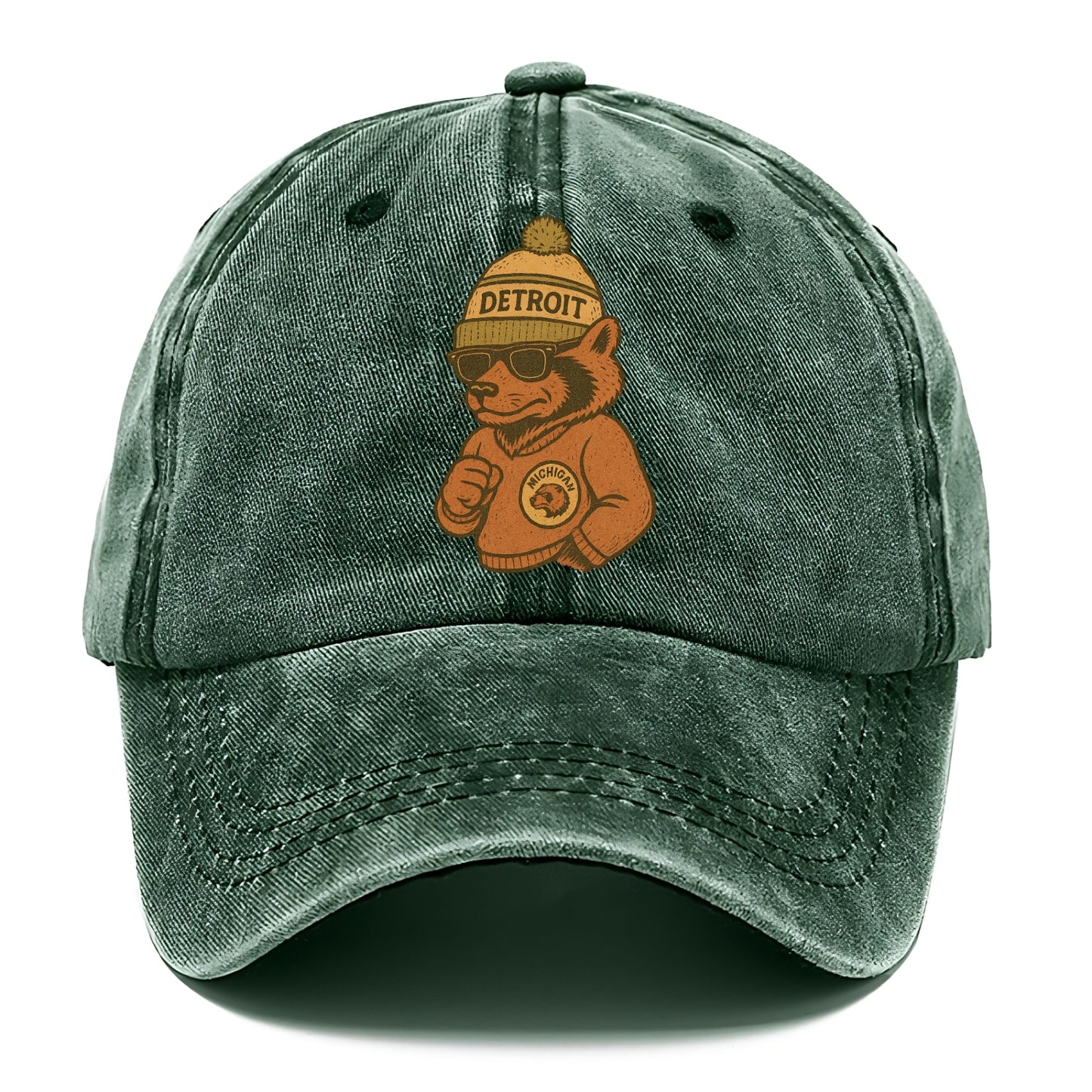 Michigan Wolverine wearing Detroit beanie with pom pom and wayfarer sunglasses - Classic Cap - Forest Mist(Green)