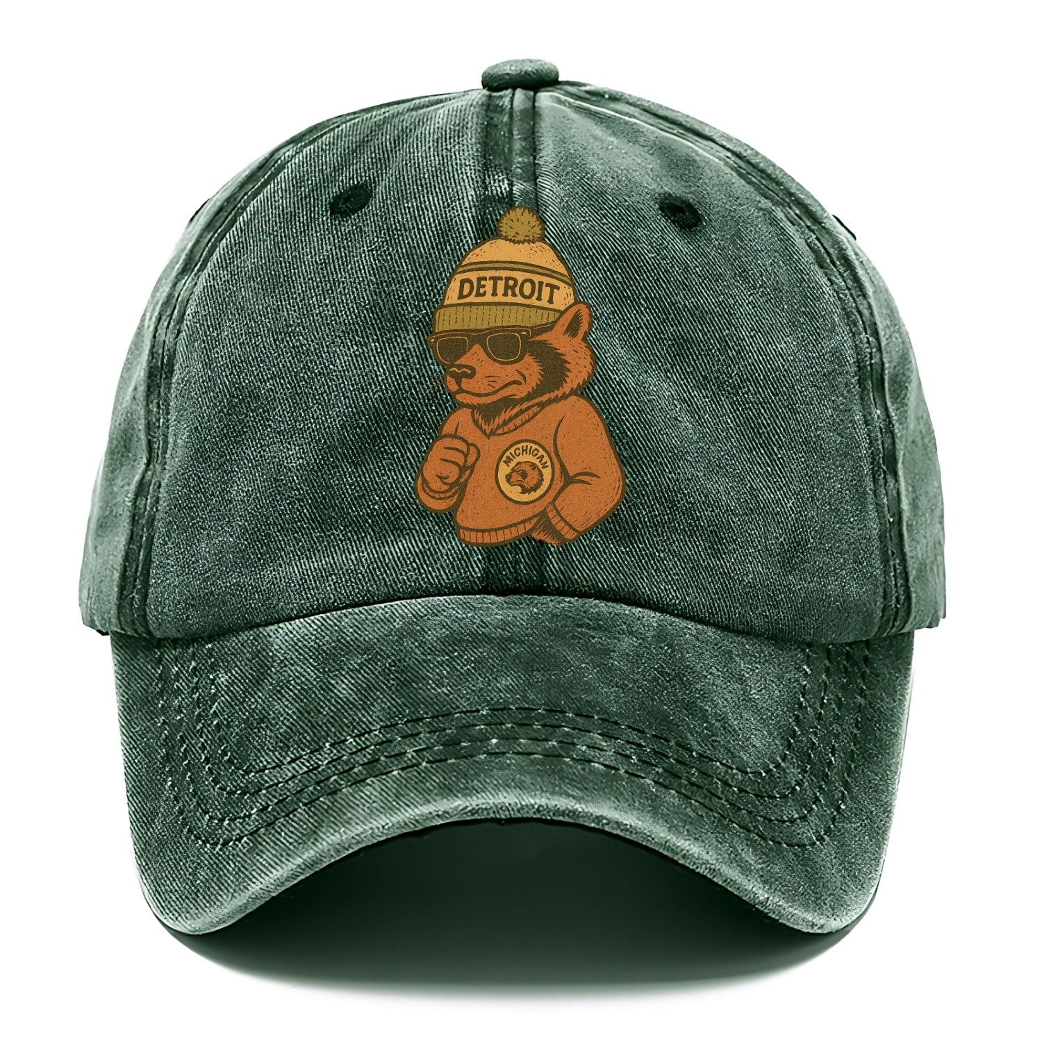 Michigan Wolverine wearing Detroit beanie with pom pom and wayfarer sunglasses - Classic Cap - Forest Mist(Green)