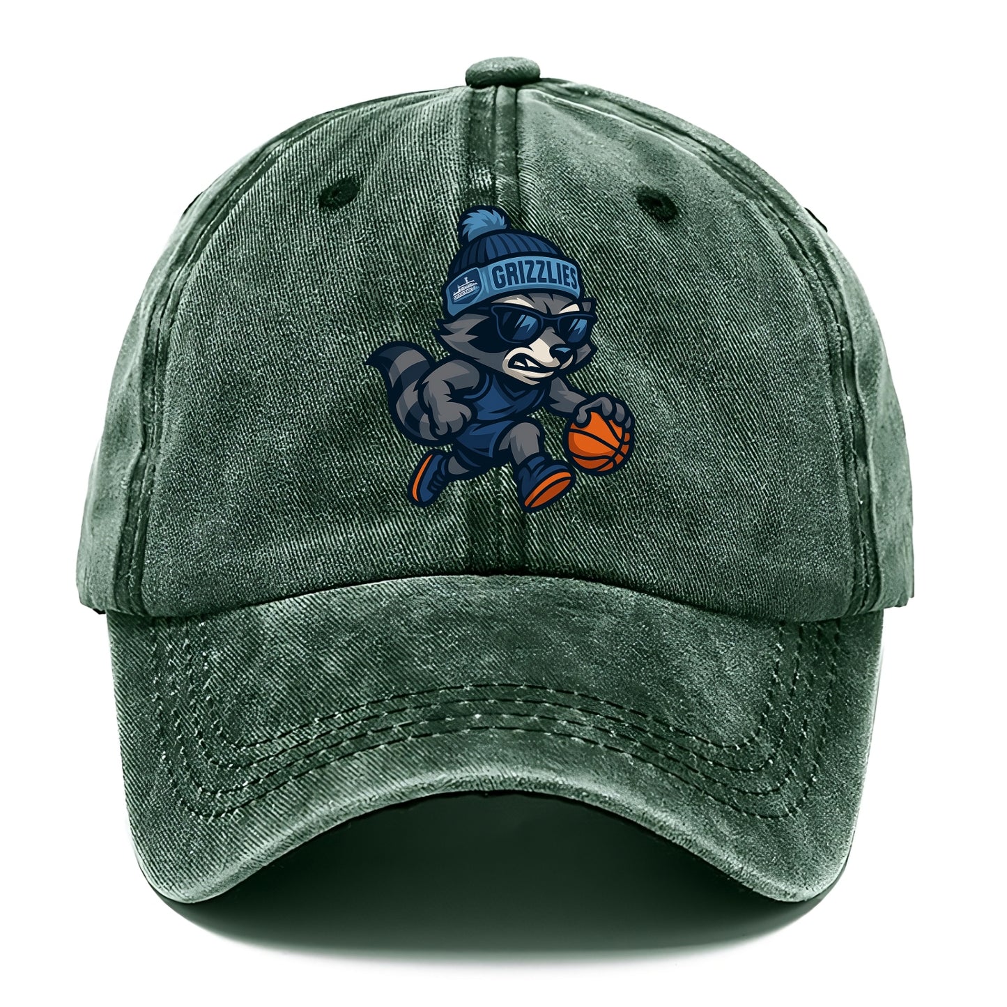 Memphis Raccoon wearing Grizzlies beanie with riverboat patch and wayfarer sunglasses - Classic Cap - Forest Mist(Green)