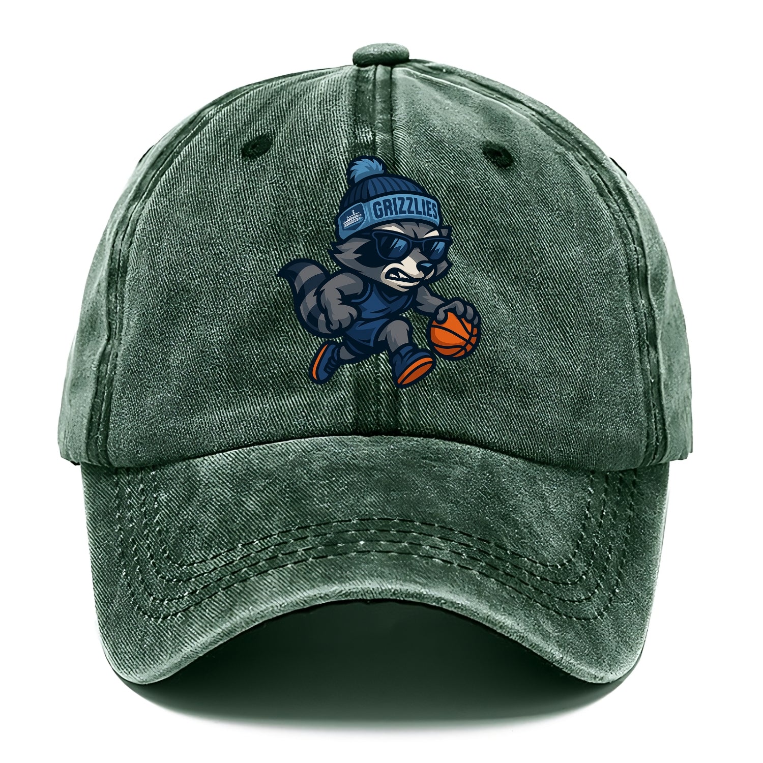 Memphis Raccoon wearing Grizzlies beanie with riverboat patch and wayfarer sunglasses - Classic Cap - Forest Mist(Green)