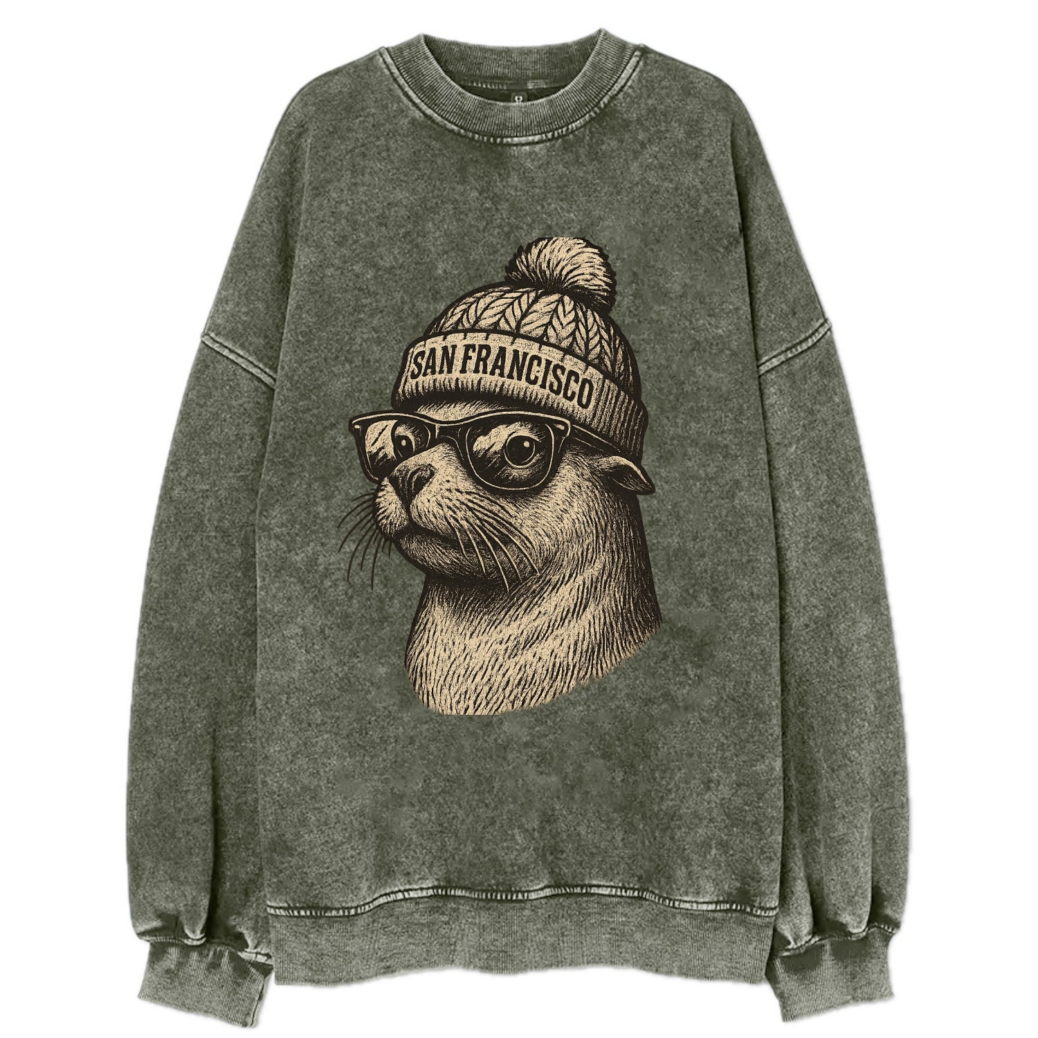 San Francisco Sea Lion wearing San Francisco beanie with pom pom and wayfarer - Vintage Sweatshirt - Forest Mist(Green)