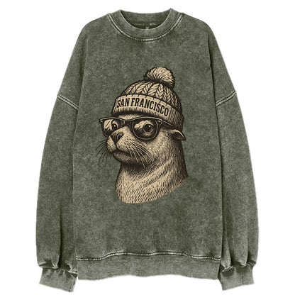 San Francisco Sea Lion wearing San Francisco beanie with pom pom and wayfarer - Vintage Sweatshirt - Forest Mist(Green)