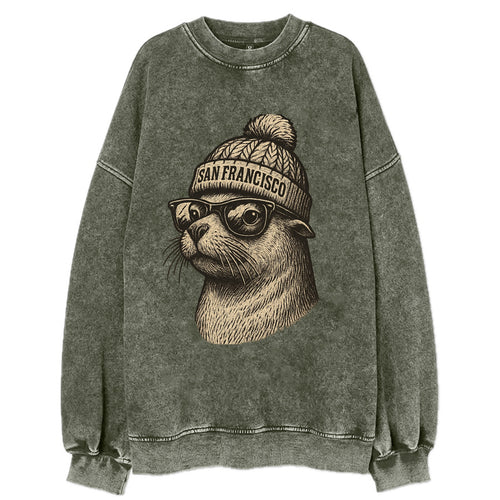 San Francisco Sea Lion wearing San Francisco beanie with pom pom and wayfarer - Vintage Sweatshirt
