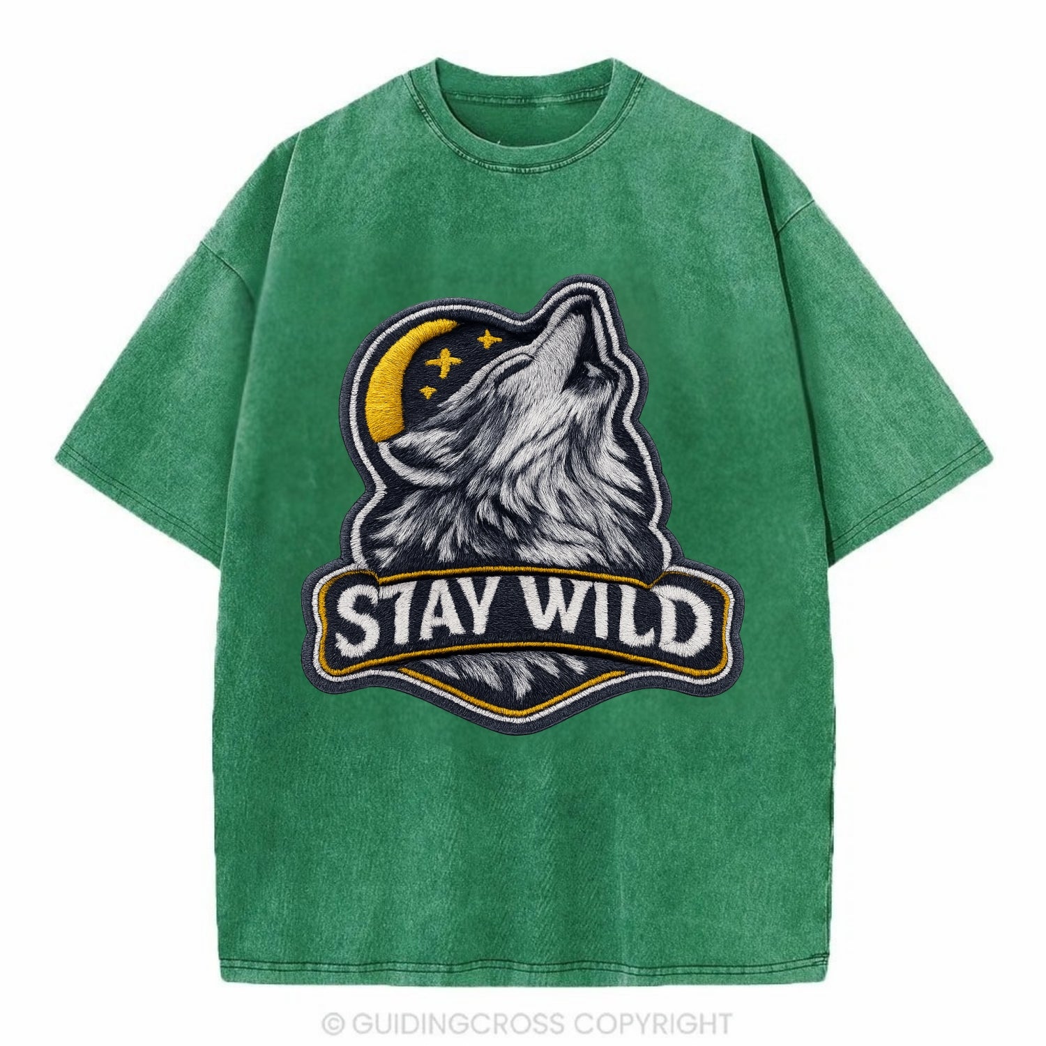 STAY WILD - wolf with text in gray , free spirit - Vintage T-shirt - Forest Mist(Green)