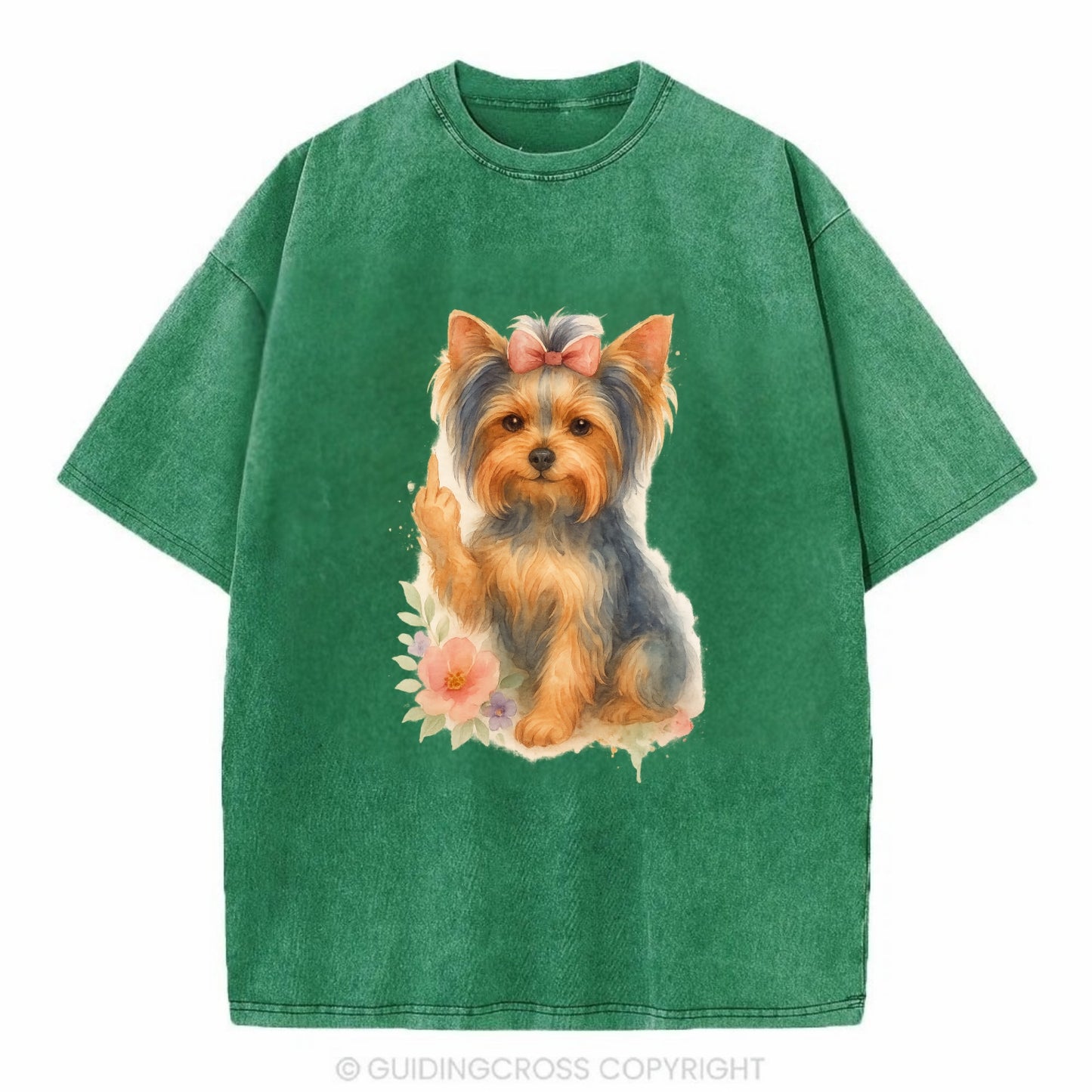 Yorkshire Terrier with topknot bow, one delicate paw flipping off - Vintage T-shirt - Forest Mist(Green)