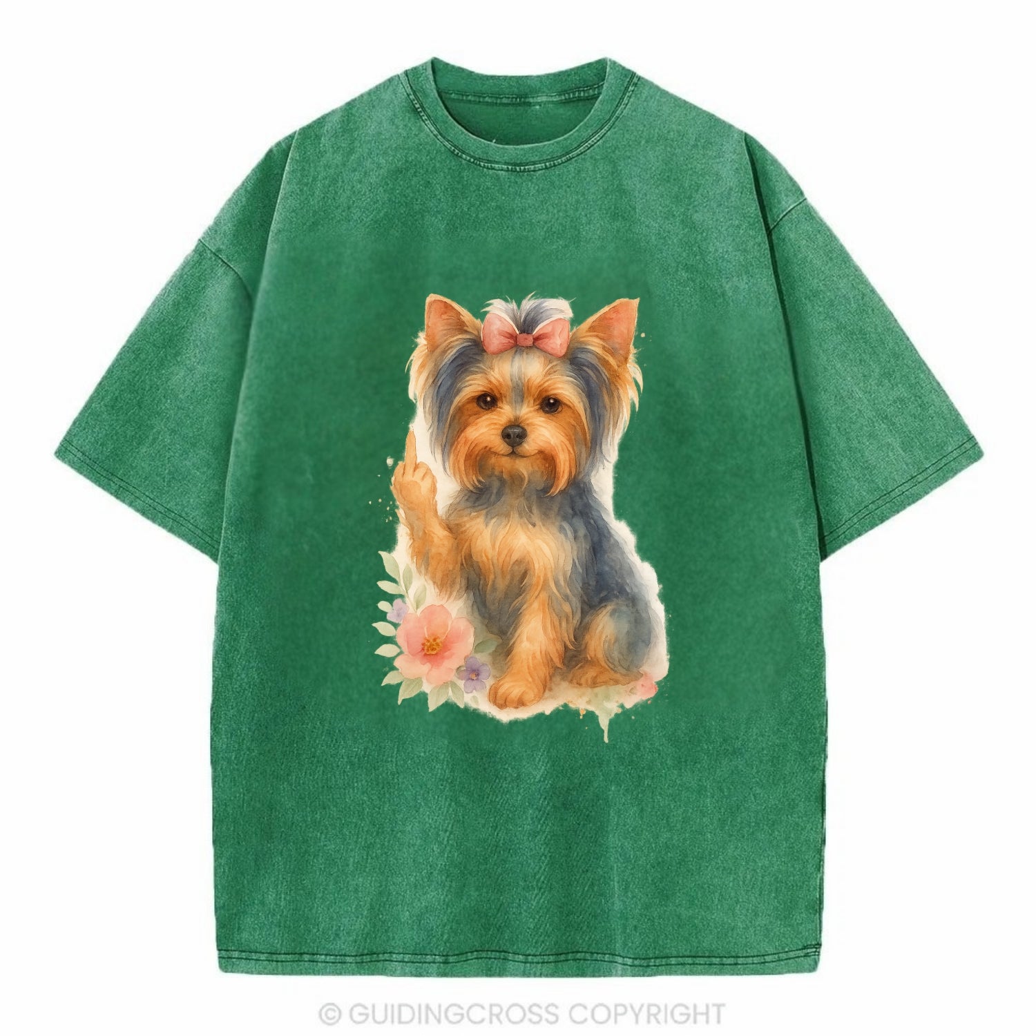 Yorkshire Terrier with topknot bow, one delicate paw flipping off - Vintage T-shirt - Forest Mist(Green)