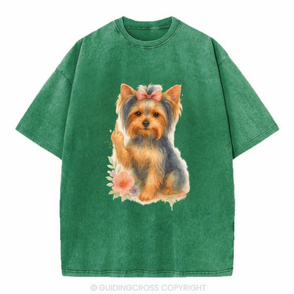 Yorkshire Terrier with topknot bow, one delicate paw flipping off - Vintage T-shirt - Forest Mist(Green)