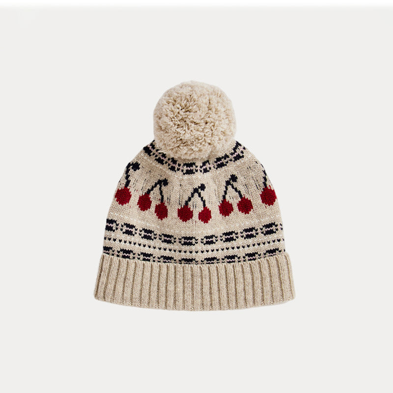 Girls' Cherry Wool Knit Hat - French Style