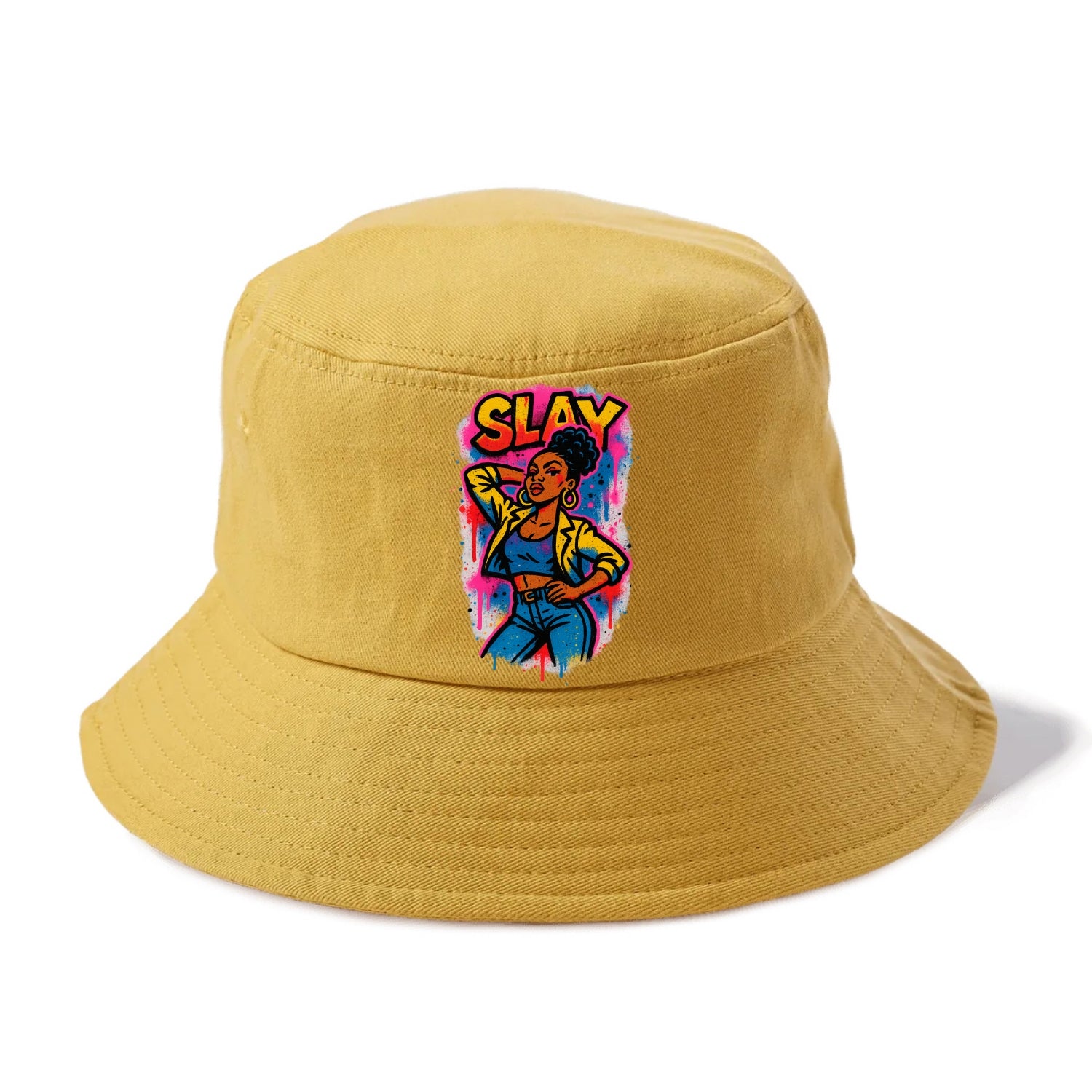 Empowered figure striking confident pose - "slay" culture, fierce and fabulous energy - Bucket Hat - Golden Harvest(Yellow)