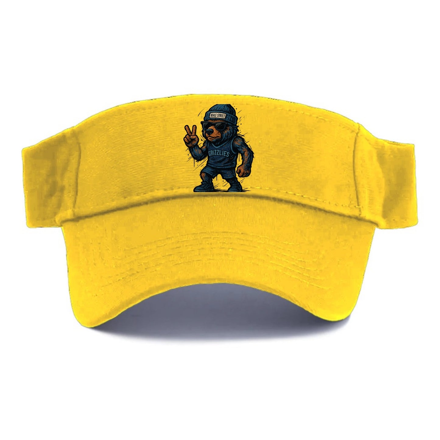 Memphis Grizzly Bear wearing Grizzlies navy and light blue beanie with Beale Street patch - Visor - Golden Harvest(Yellow)
