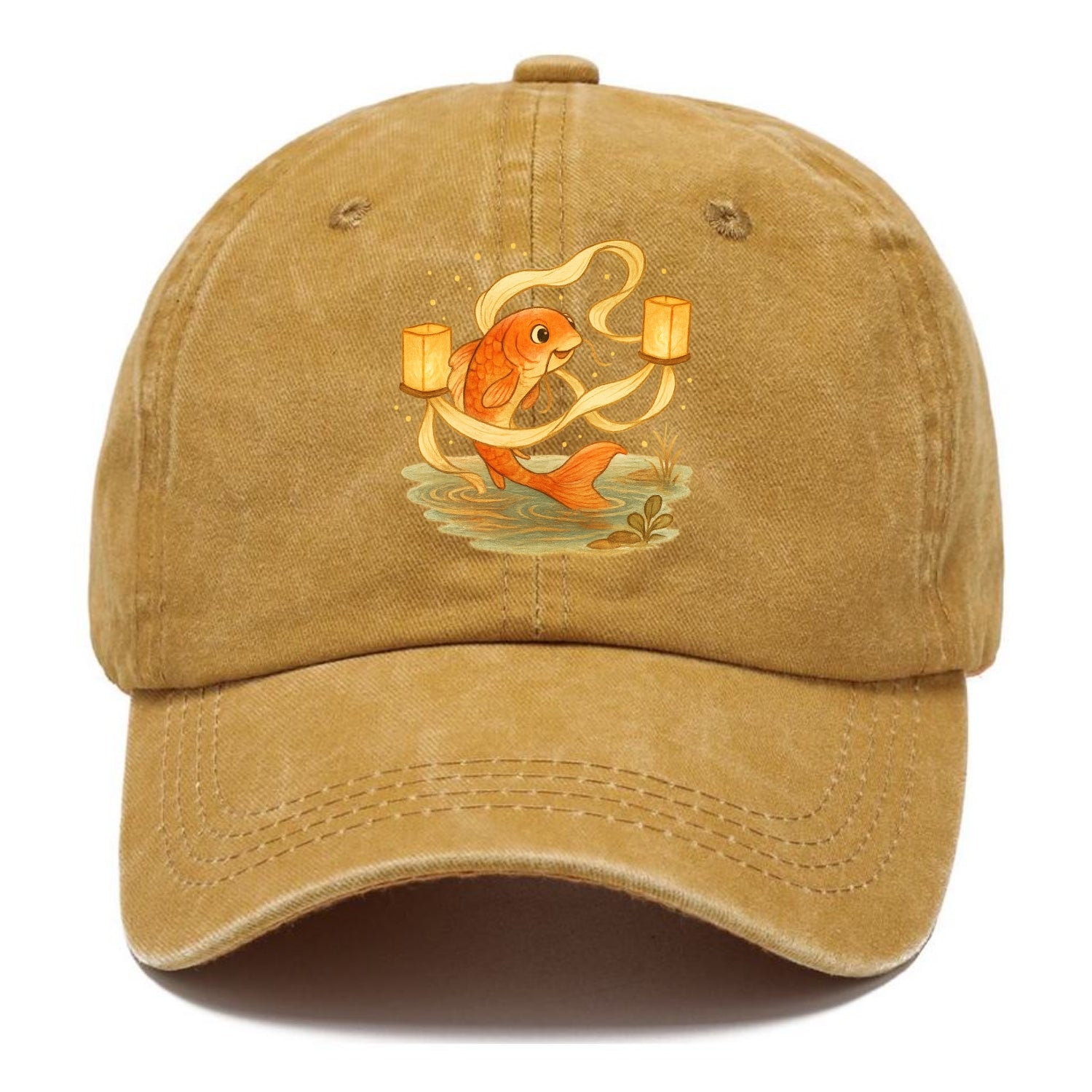 Koi weaving silk streamers through floating lanterns on tranquil water - Classic Cap - Golden Harvest(Yellow)