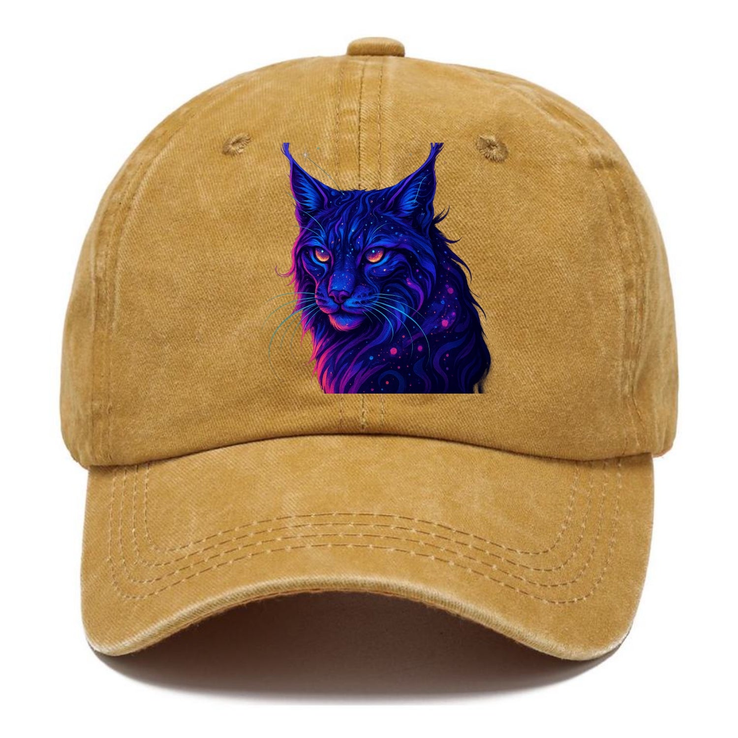 Stealthy lynx with ear tufts forming constellation patterns, nebula spots across the - Classic Cap - Golden Harvest(Yellow)