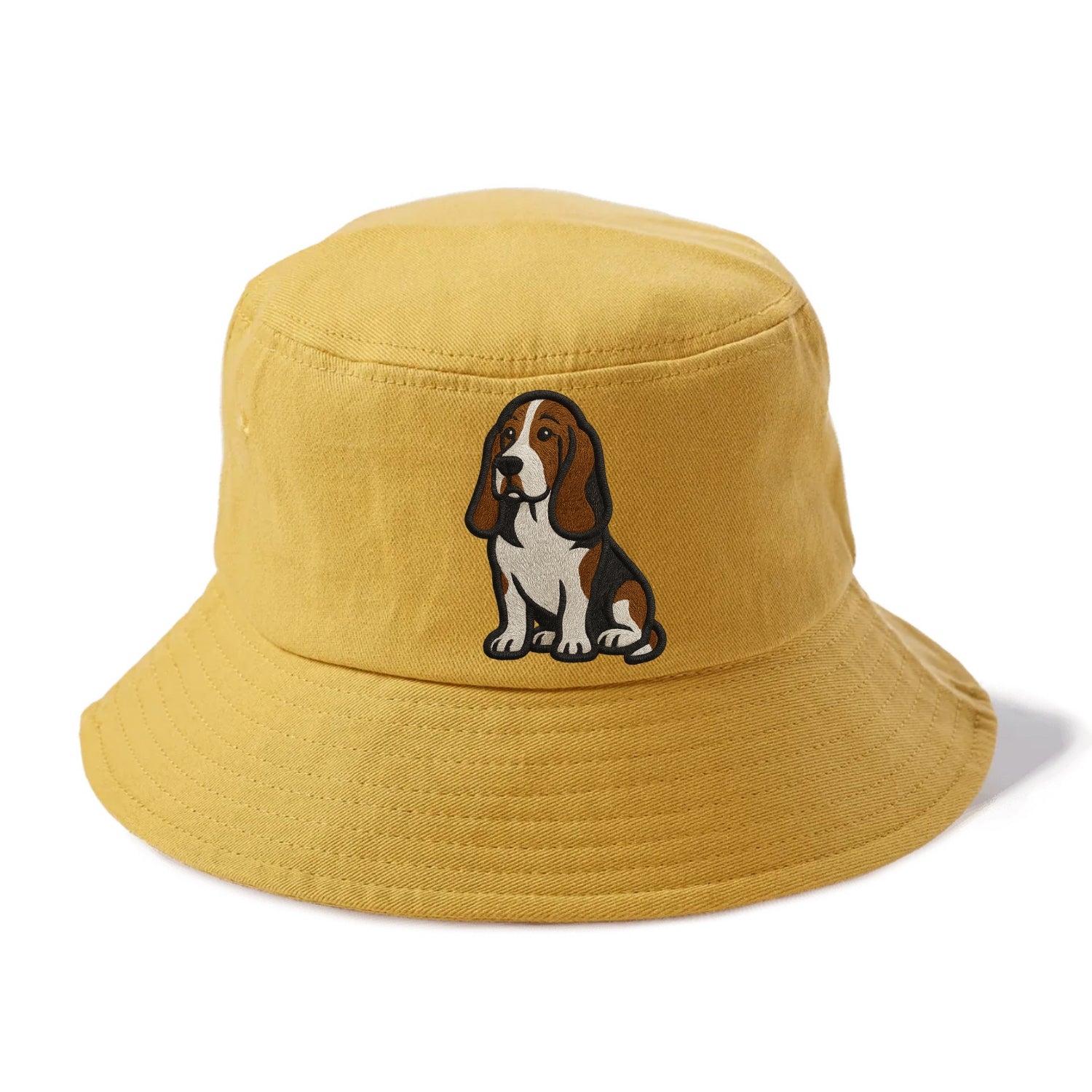 Basset Hound - Tri-color embroidered sit Bucket Hat - Golden Harvest(Yellow)