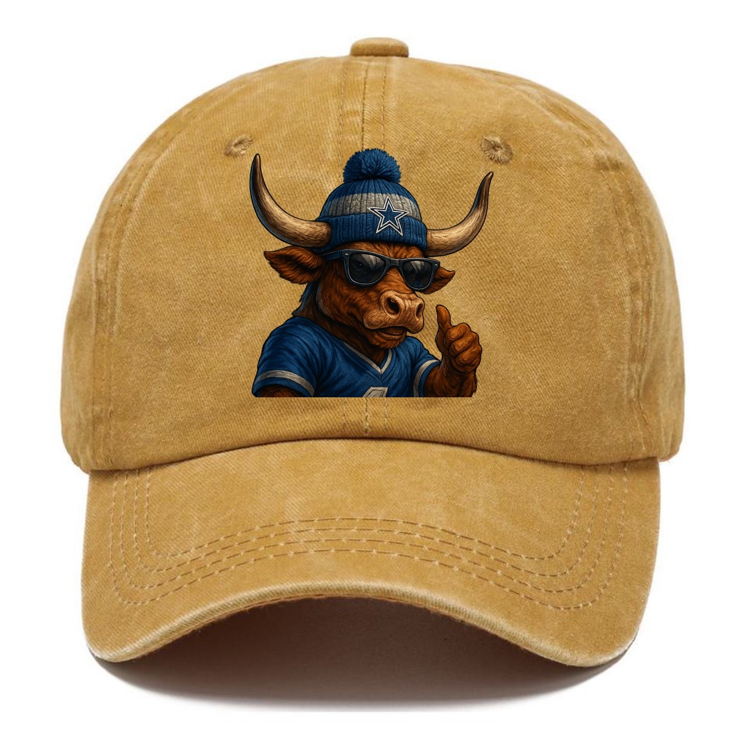 Texas Longhorn wearing Cowboys silver and blue beanie with star and wayfarer - Classic Cap - Golden Harvest(Yellow)