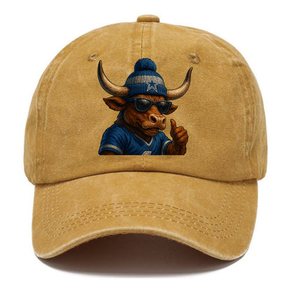 Texas Longhorn wearing Cowboys silver and blue beanie with star and wayfarer - Classic Cap - Golden Harvest(Yellow)