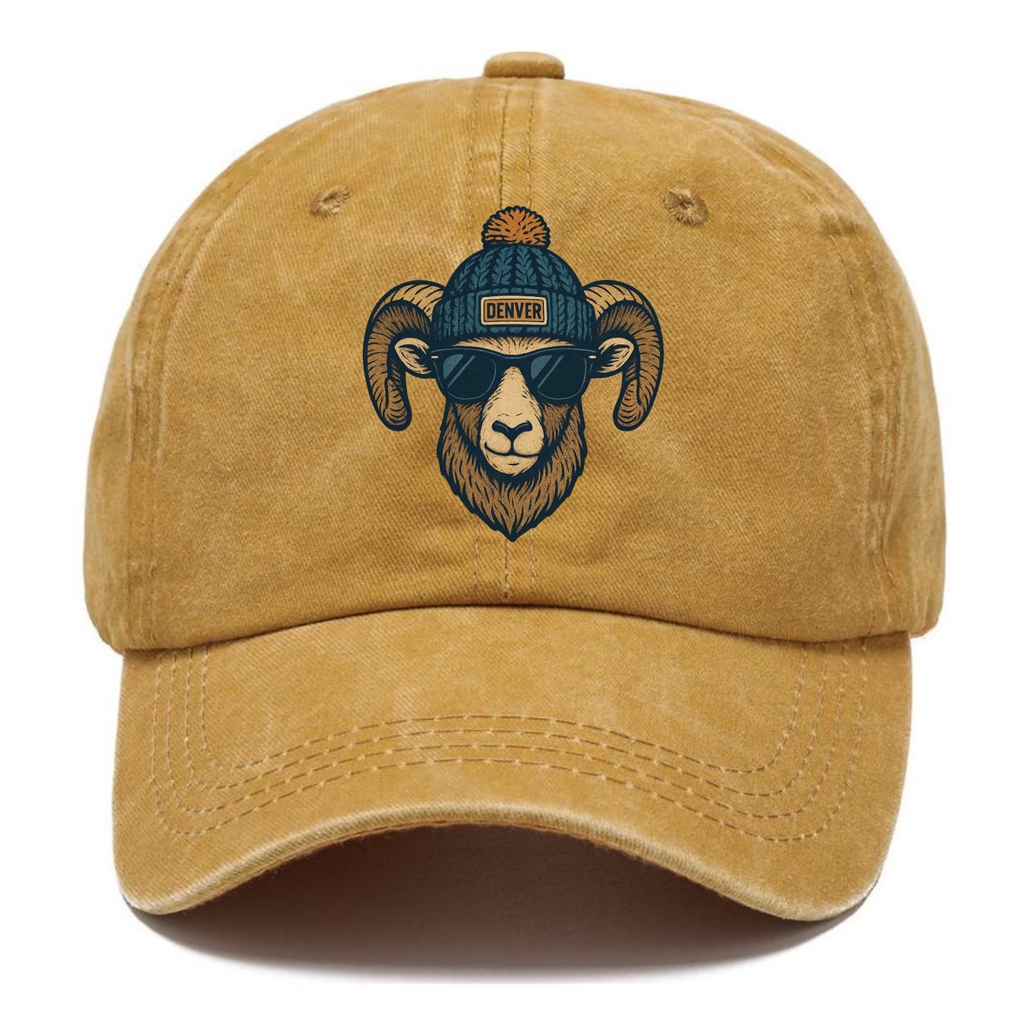 Colorado Rocky Mountain Bighorn Sheep wearing Denver beanie with pom pom and wayfarer - Classic Cap - Golden Harvest(Yellow)